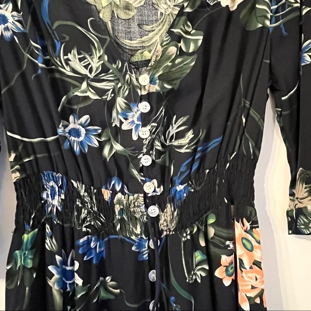 NWOT Floral Dress Navy Button Front Tassel Tie Smocked Waist Sm Cottagecore Boho